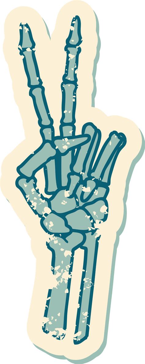 distressed sticker tattoo style icon of a skeleton hand giving a peace ...