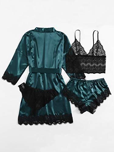 Wdirara Women Silk Satin Pajamas Set Pcs Lingerie Floral Lace Cami