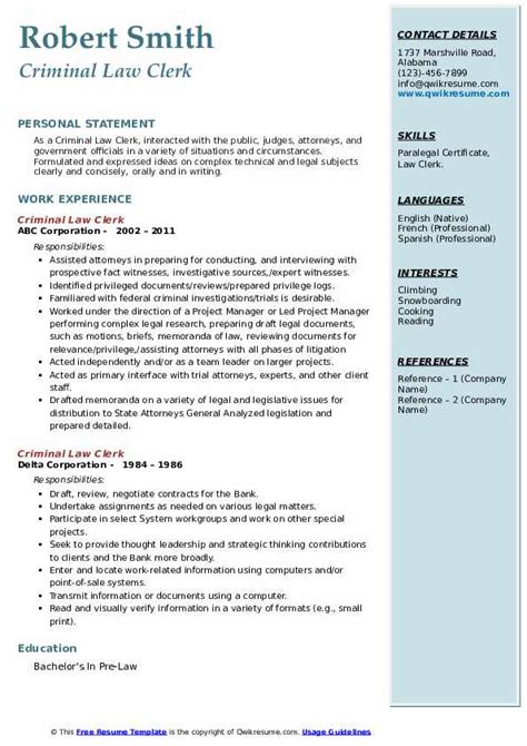 Criminal Law Clerk Resume Samples Qwikresume