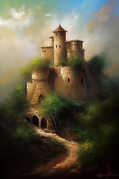 Premium AI Image | A painting of a castle on a hill