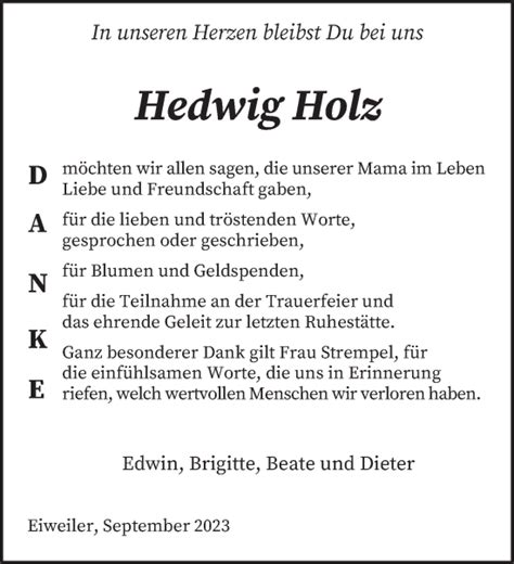 Traueranzeigen Von Hedwig Holz Saarbruecker Zeitung Trauer De