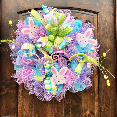 Pastel Easter Bunny Mesh Wreath 23 Adorned With Whimsical Bows And