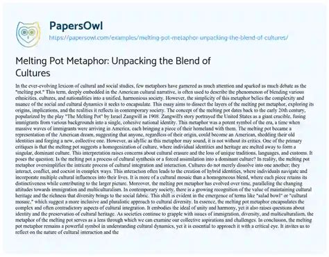 Melting Pot Metaphor: Unpacking the Blend of Cultures - Free Essay Example - 601 Words ...