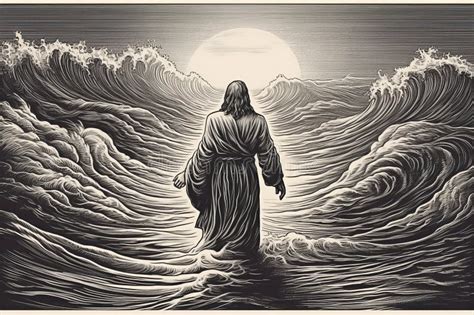 Engraving Style Jesus Christ Walking On Water On The Sea Of Galilee