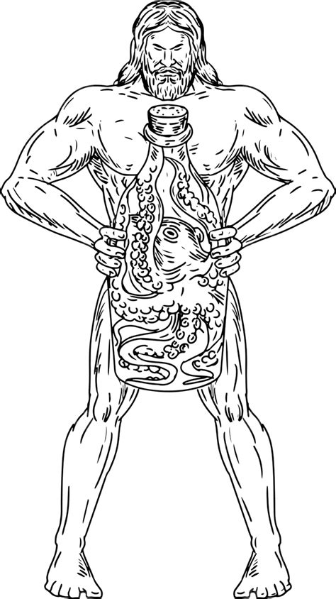 Un Dibujo En Blanco Y Negro De H Rcules Sosteniendo Una Botella Con Un