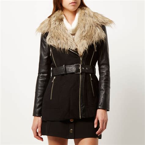 River island Black Faux-fur Collar Winter Coat in Black | Lyst