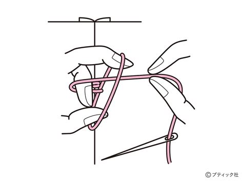 04 このループの中を通して右手の糸を引き、新しいループを作ります。これを何度も繰り返します。かぎ針を使って編んでも良いでしょう。