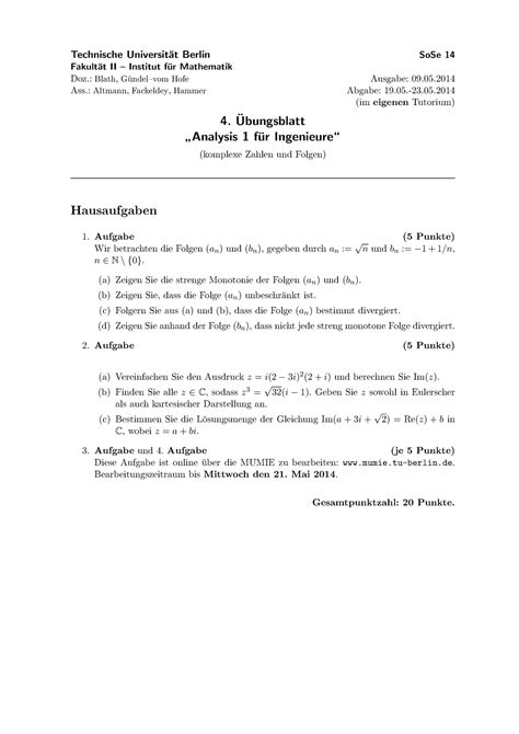 4 Übungsblatt Analysis 1 für Ingenieure Technische Universit at