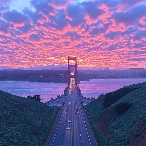 A bridge with a sunset in the background and a pink sky with a pink ...