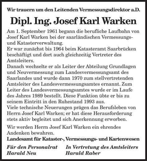 Traueranzeigen Von Josef Karl Warken Saarbruecker Zeitung Trauer De