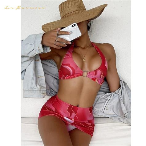 Bikini Women Tie Dye Mixed Colours Three Piece Lace Up Swimsuit Beach Skirt Bathing Suit