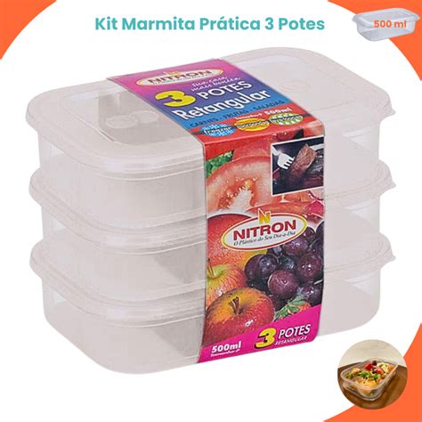 Conjunto 3 Potes Marmitas Fitness Retangular Empilhavel Plastico