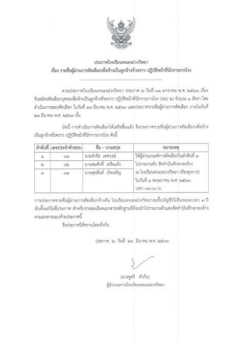 ประกาศโรงเรียนหนองม่วงวิทยา เรื่อง รายชื่อผู้ผ่านการคัดเลือกเพื่อจ้าง