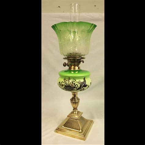 Antique Victorian Green Glass Oil Lamp Original Frilled Green Shade