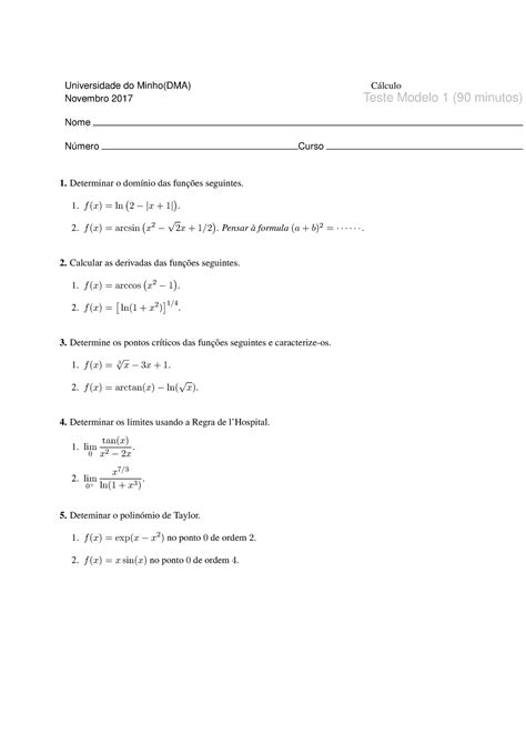 Teste modelo 1 Cálculo Universidade do Minho DMA Calculo Novembro