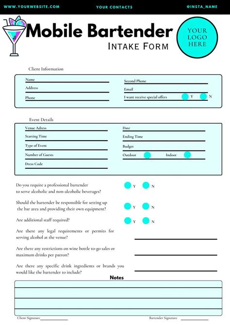 Bartender Agreement Contract Bartending Editable Template Etsy In