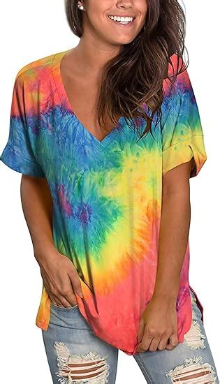 Womans T Shirts V Neck Short Sleeve Summer Tie Dye Tee Tops Plus Size