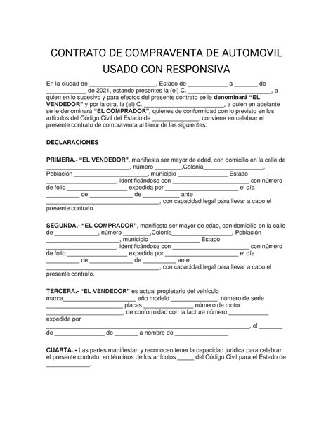 Contrato De Compraventa Con Responsiva Para Autom Vil Usado Hot Sex