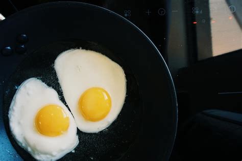 Premium Photo High Angle View Of Fried Eggs In Frying Pan