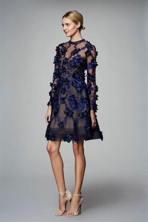 Marchesa Notte Navy Long Sleeve 3D Floral Party Cocktail Dress