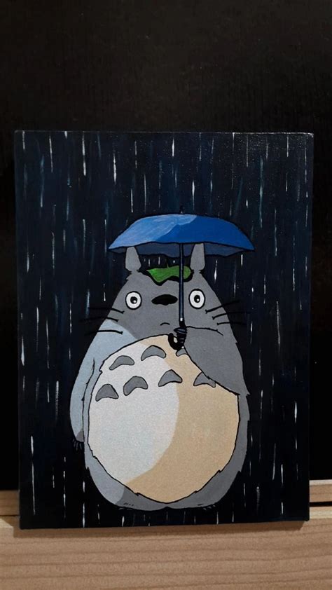 a painting of a totoro holding an umbrella in the rain