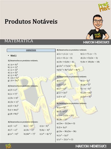 Lista De Exercicio Produtos Notáveis - Exercícios de Produtos Notáveis 8º Ano | PDF