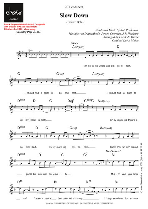 Slow Down Arr Frank De Vreeze Sheet Music Aa Unison Choir