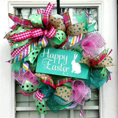 A Happy Easter Wreath On The Front Door With Polka Dots And Green Pink