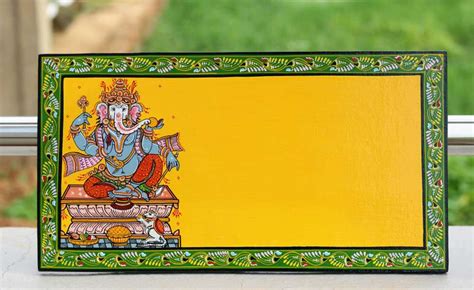 Ganesha Blue Nameplate Yellow Green Border Pattachitra Painting - Maavni Designs