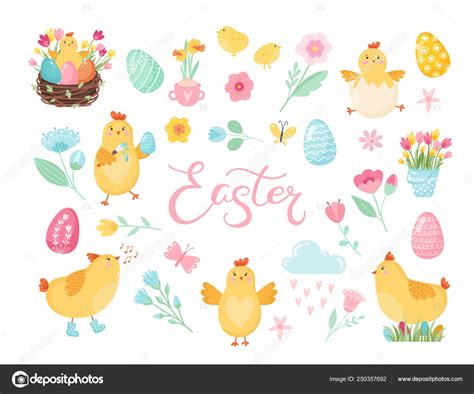 Set Of Cute Easter Cartoon Characters And Design Elements Stock Vector