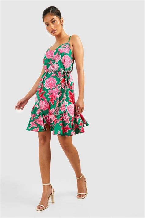 Dresses Strappy Godet Detail Belted Skater Dress Boohoo