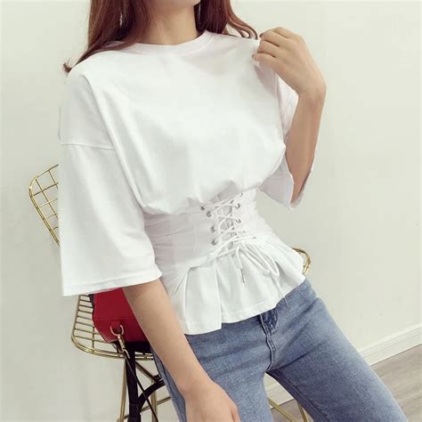 Autumn Women T Shirt Half Sleeve Corset Waist Controlled Lace Up Shirts