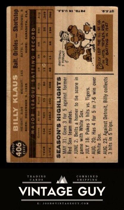 Topps A Billy Klaus White Back Vintage Baltimore Orioles