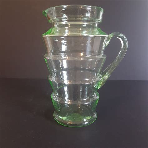 Dunbar Glass Green Glass Pitcher Graduated Stepped Glass Jug Hand Blown Glass Applied Handle