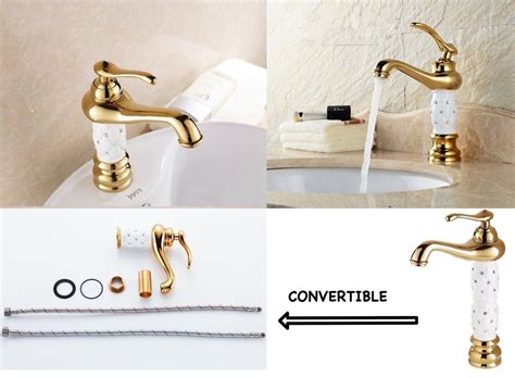 Gold White Diamond Fancy Basin Brass Faucet Tap Mixer Hot And Cold Spout Inch Height Gold