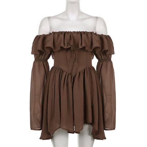 Brown Corset Style Dress Off Shoulder Flare Sleeves Pleated Etsy