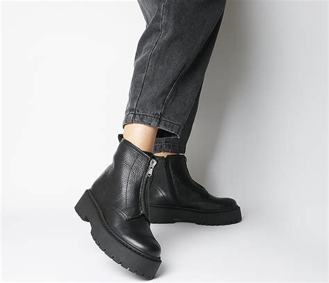 Office Abuzz Chunky Front Zip Boots Black Leather Ankle Boots