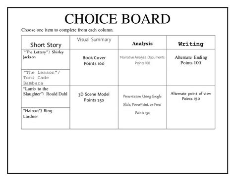 Choice Board Template Editable