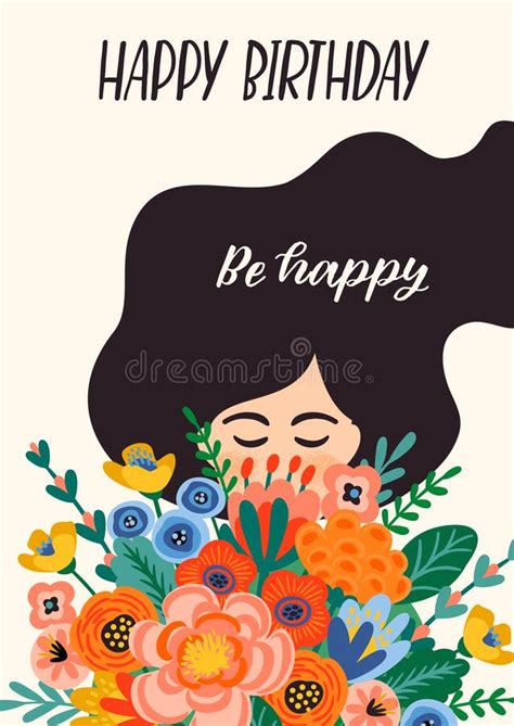 Happy Birthday. Vector Illustration of Cute Lady with Bouquet of ...