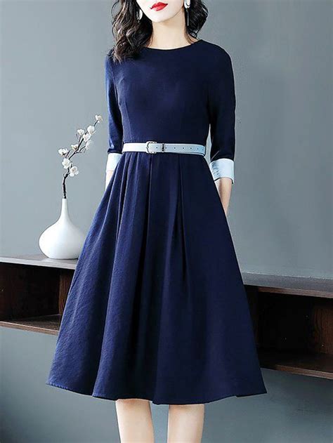 Dark Blue A Line Daytime 34 Sleeve Midi Dress Dresses Midi Dress