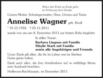 Traueranzeigen Von Annelise Wagner Trauerundgedenken De