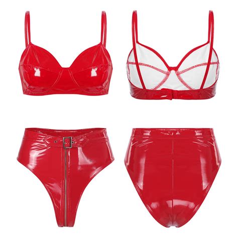 Womens Wet Look PVC Leather Lingerie Set Bra Top With High Waist Briefs Clubwear EBay