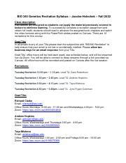 BIO 340 Genetics Jacobs Holechek Fall 2022 Recitation Syllabus Pdf