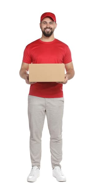 Premium Photo Courier Holding Cardboard Box On White Background