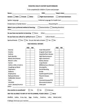 Fillable Online PEDIATRIC HEALTH HISTORY QUESTIONNAIRE Fax Email Print