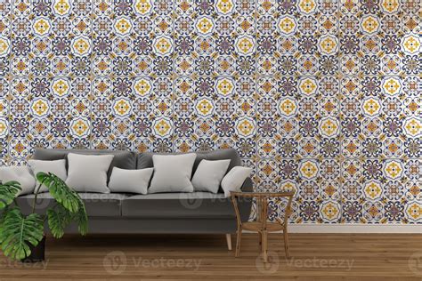 living room interior with tile classic texture wall background ,minimal