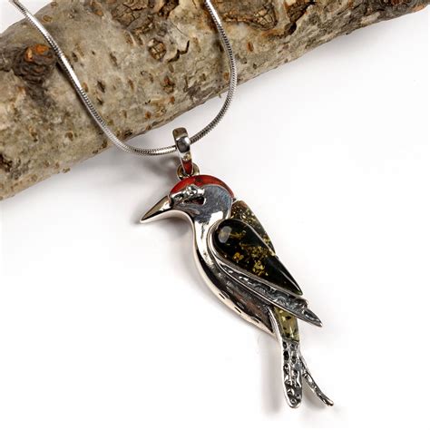 Woodpecker Necklace In Silver And Amber Bird Pendant Etsy