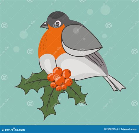 Cartoon Vector Bullfinch A Bright Fluffy Winter Bird Sits On A Rowan