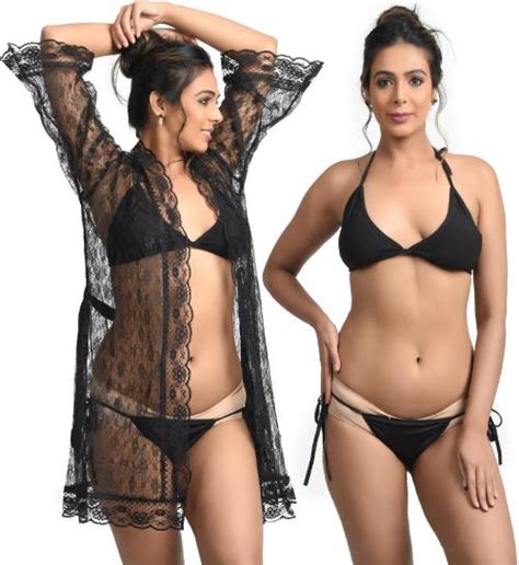 Buy Iyaracollection Women Black Lace Satin Lace Pack Of Robe And Lingerie Set Online At Best
