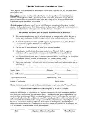 Fillable Online USD 489 Medication Authorization Form Fax Email Print